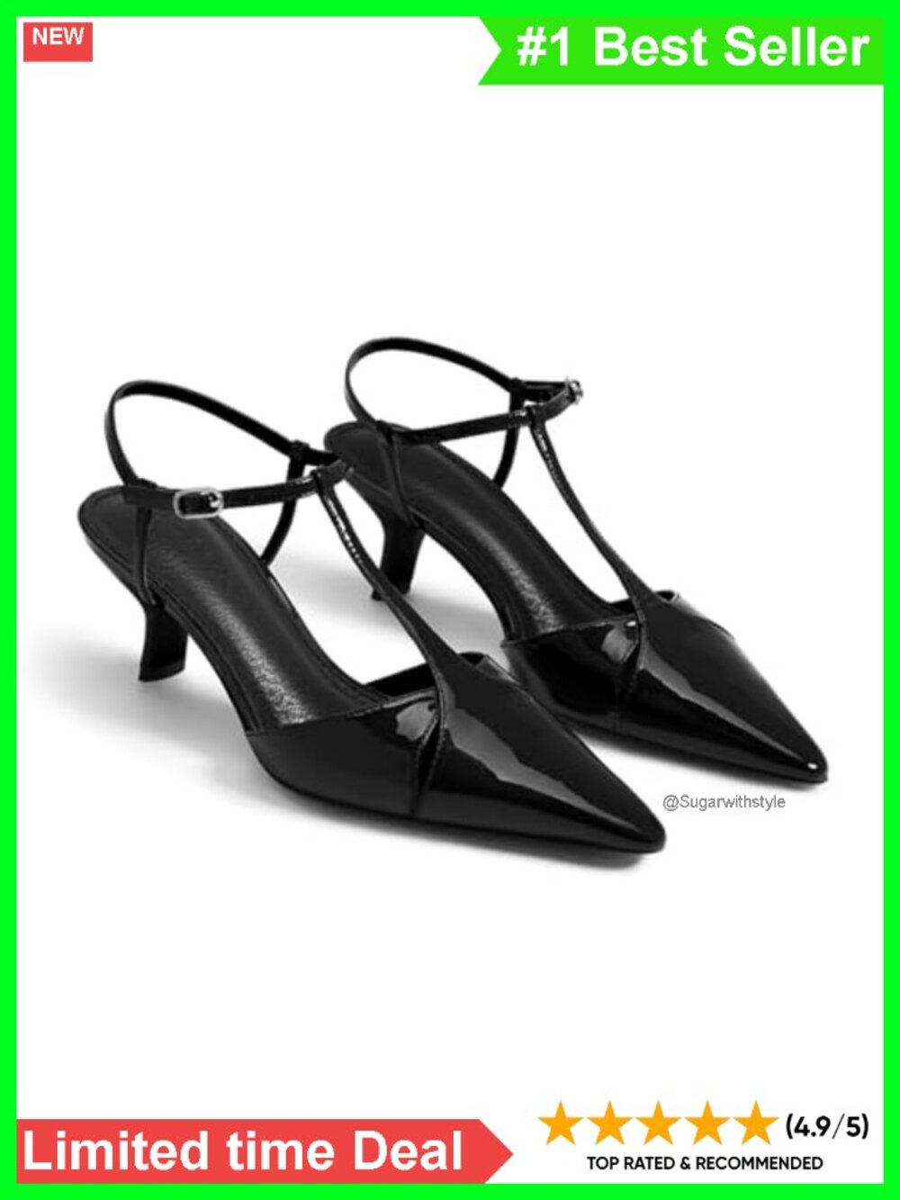 Kitten Heel T-Strap Pointed Toe Cutout Patent Leather Pump Dress Shoes